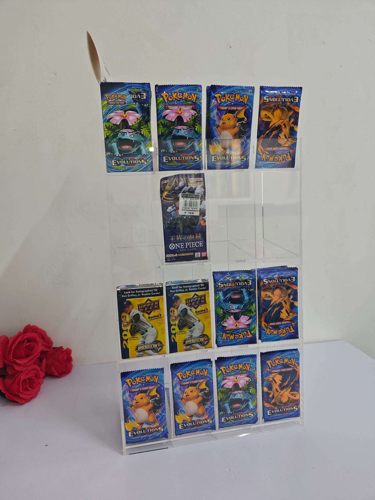 EVORETRO Acrylic Display Stand for Booster DispenserPacks – Retail Counter Unit with Top Shelf - Premier Trading Cards