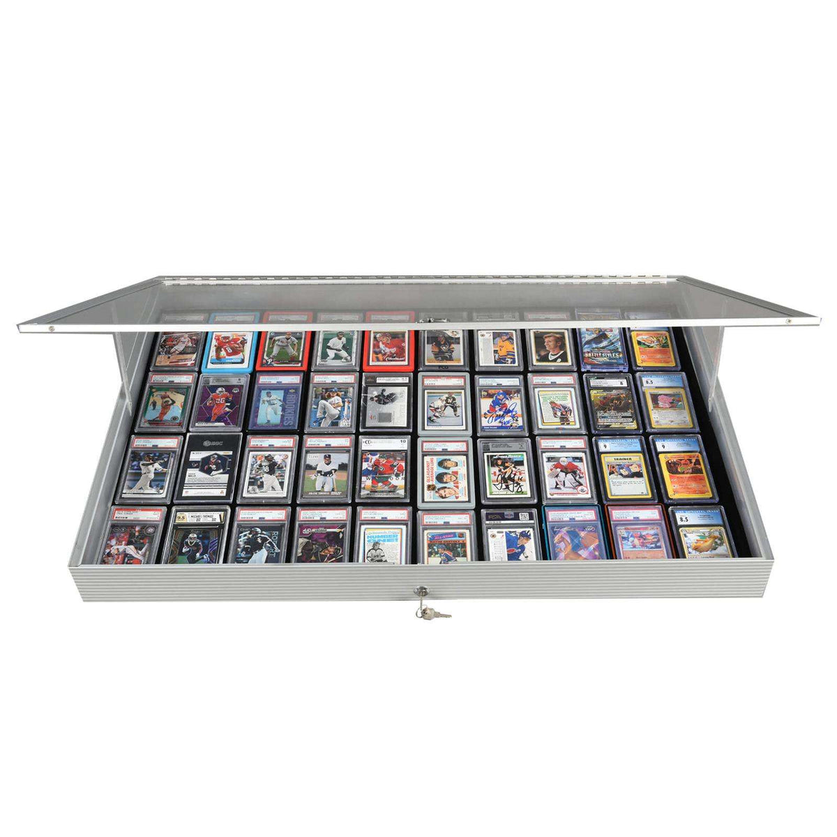 EVORETRO Lockable Display Case 36 x 24 x 4" Silver– Secure Showcase for Collectibles - Premier Trading Cards