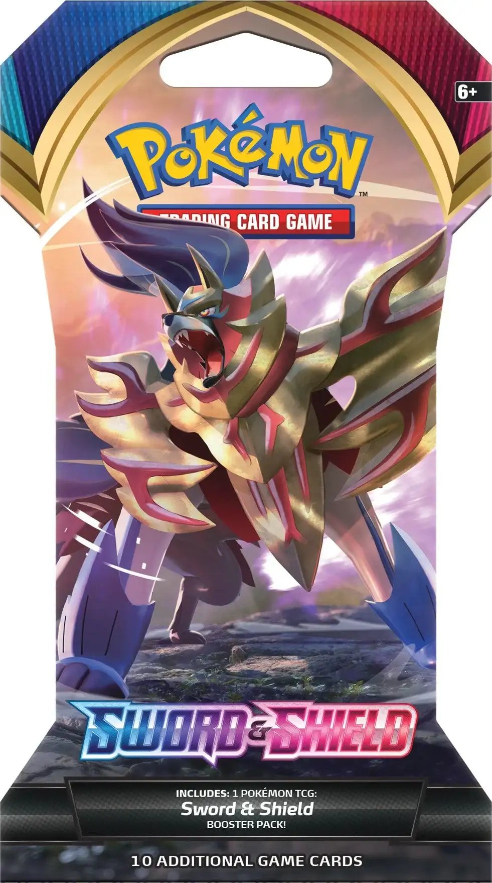 Pokémon Sword & Shield trading card game booster pack featuring Zamazenta artwork, PTC Collectibles