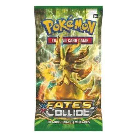 Pokémon TCG Fates Collide booster pack featuring a gold fox-like creature, available at PTC Collectibles