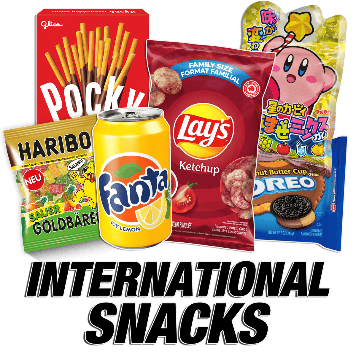 Assorted international snacks including Pocky, Lay's, Fanta, Haribo, Oreo, and Japanese candy.