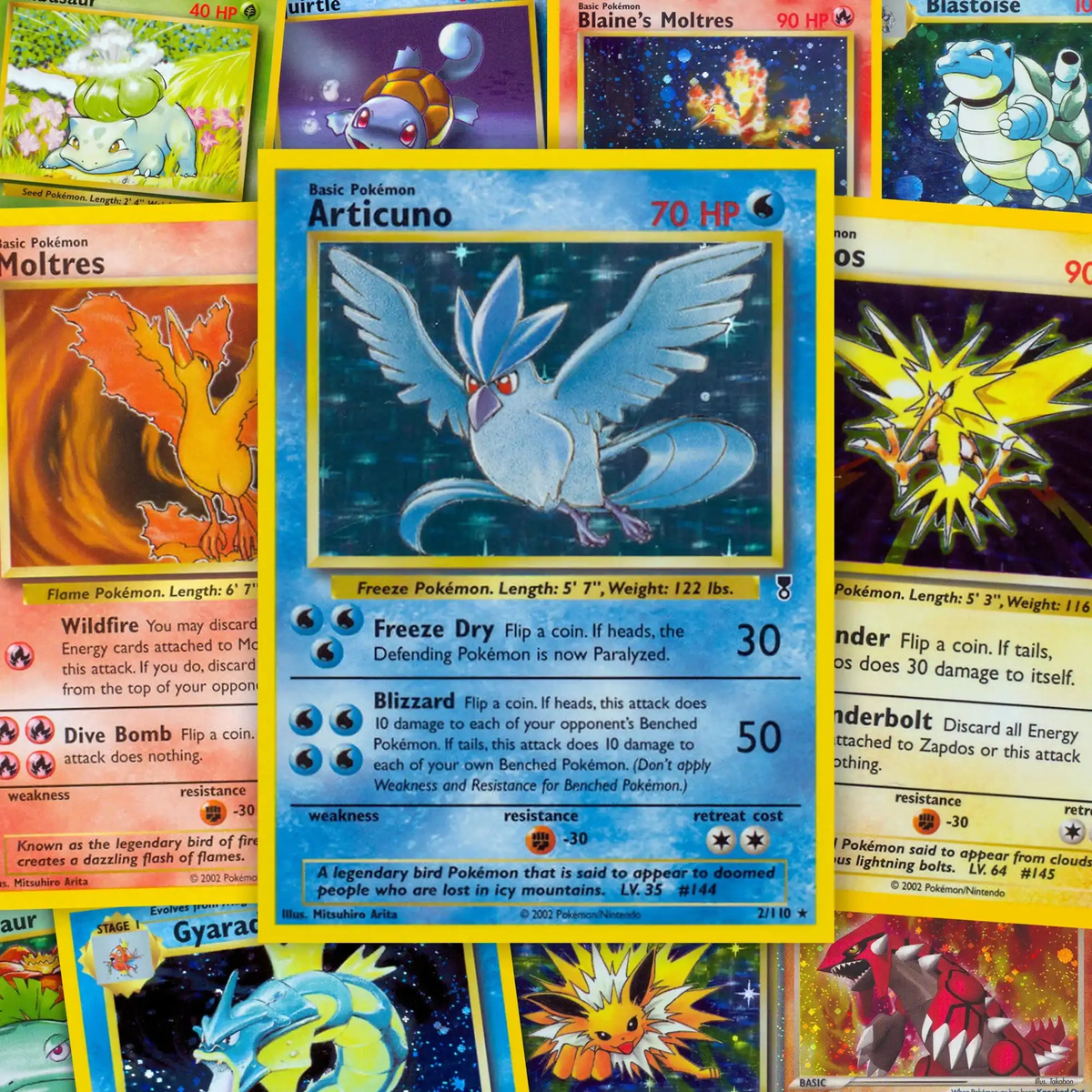 Articuno Pokémon card centered among vintage Pokémon trading cards, collectible card game