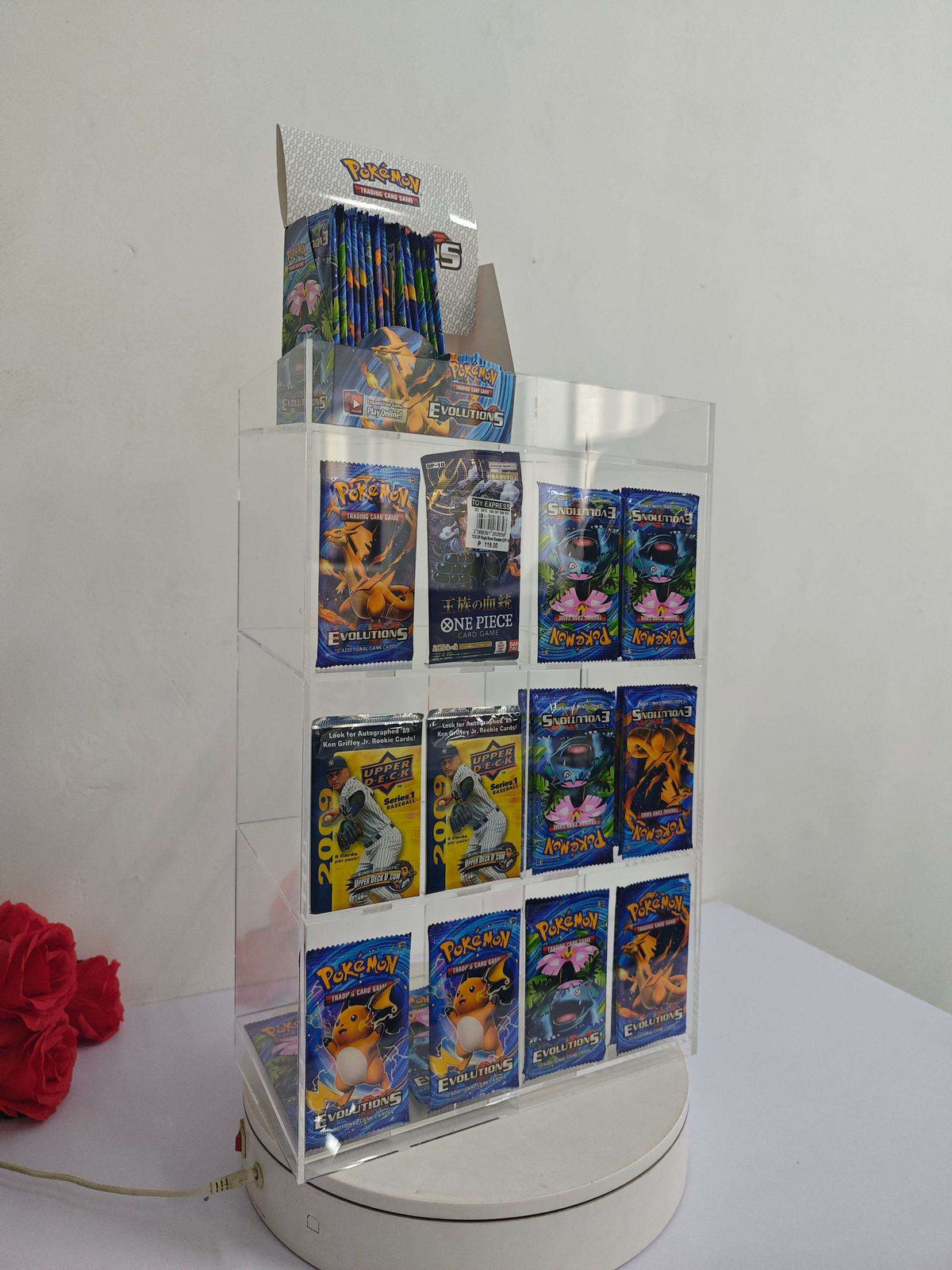 EVORETRO Acrylic Display Stand for Booster  DispenserPacks – Retail Counter Unit with Top Shelf - Premier Trading Cards