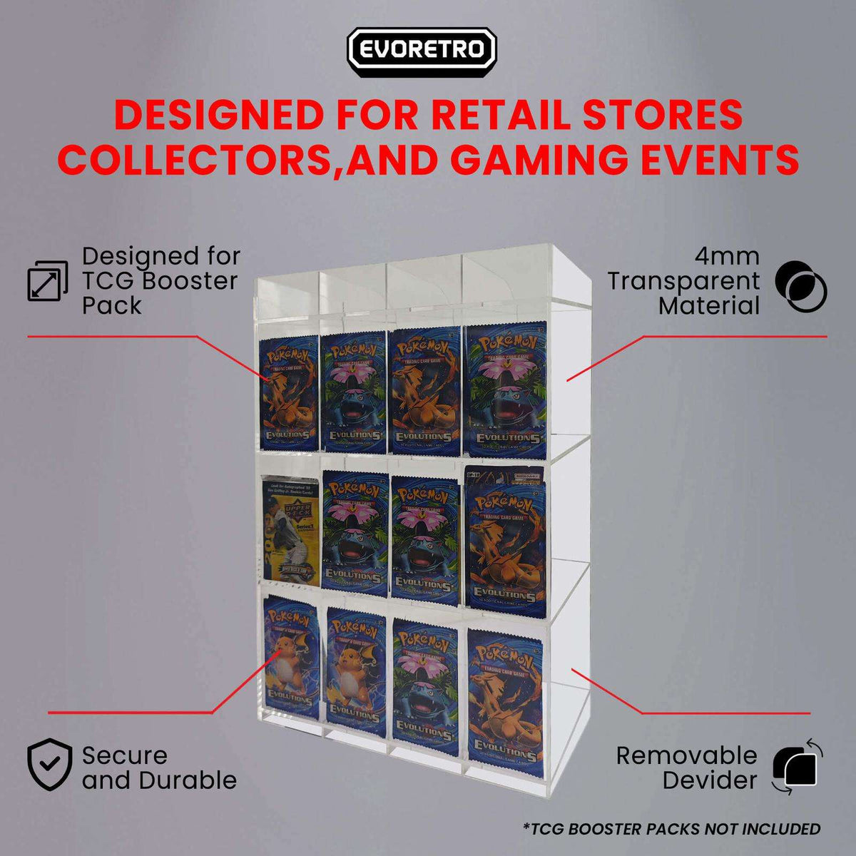 EVORETRO Acrylic Display Stand for Booster  DispenserPacks – Retail Counter Unit with Top Shelf - Premier Trading Cards