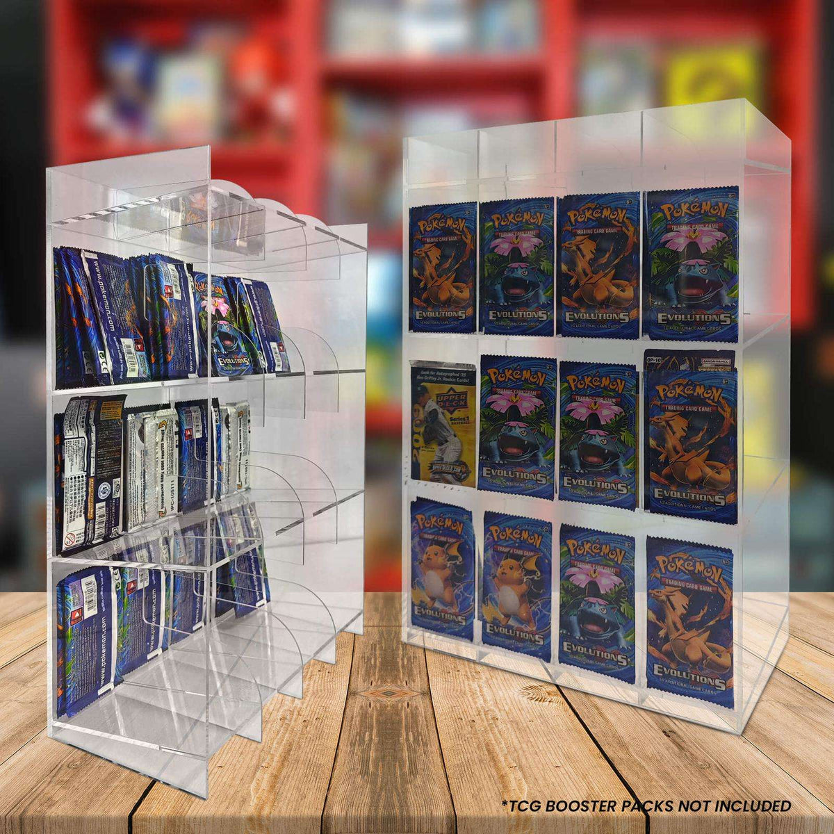 EVORETRO Acrylic Display Stand for Booster  DispenserPacks – Retail Counter Unit with Top Shelf - Premier Trading Cards