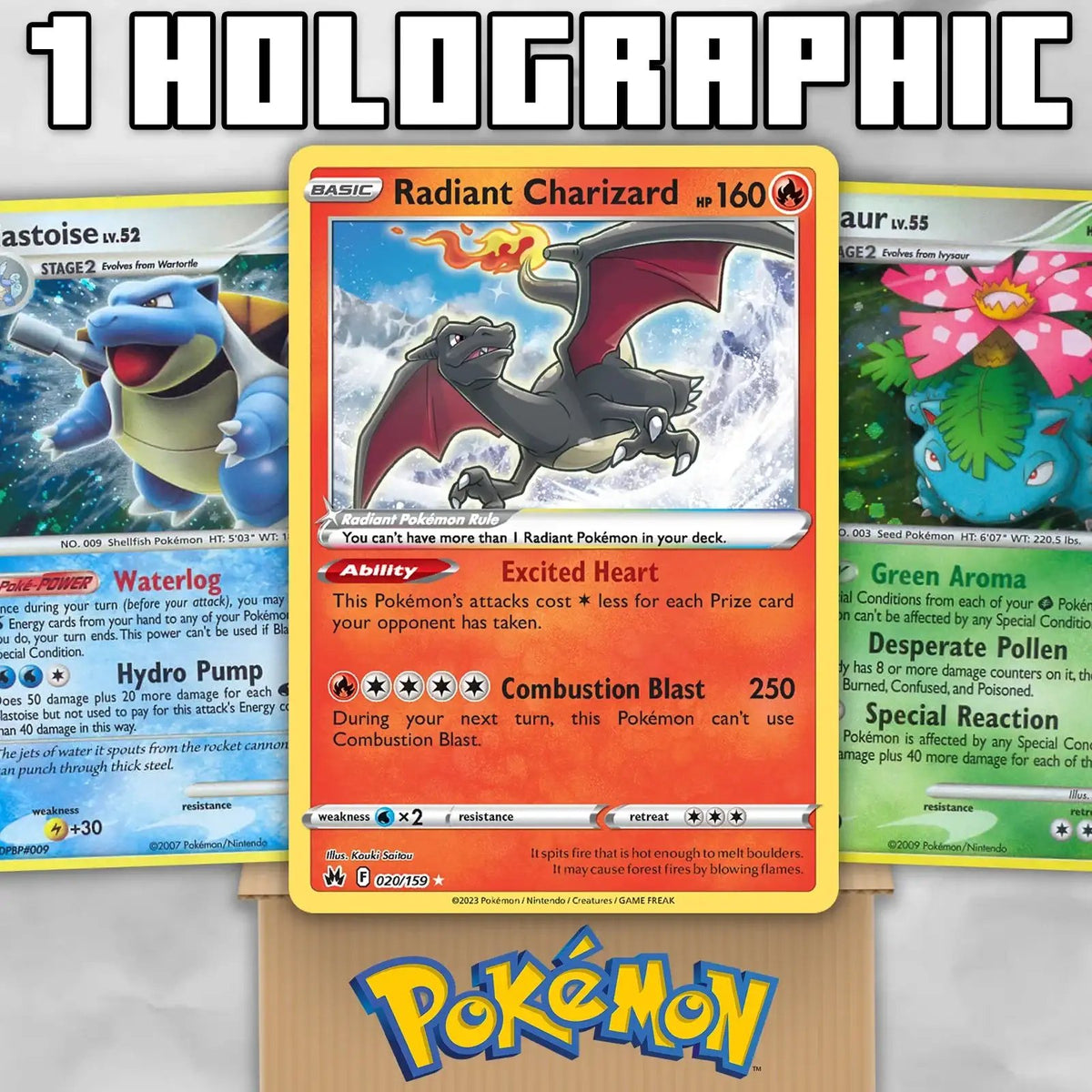 Radiant Charizard holographic Pokémon card with Blastoise and Venusaur cards, PTC Collectibles