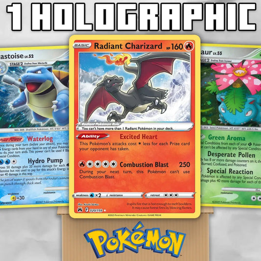 Radiant Charizard holographic Pokémon card with Blastoise and Venusaur cards, PTC Collectibles