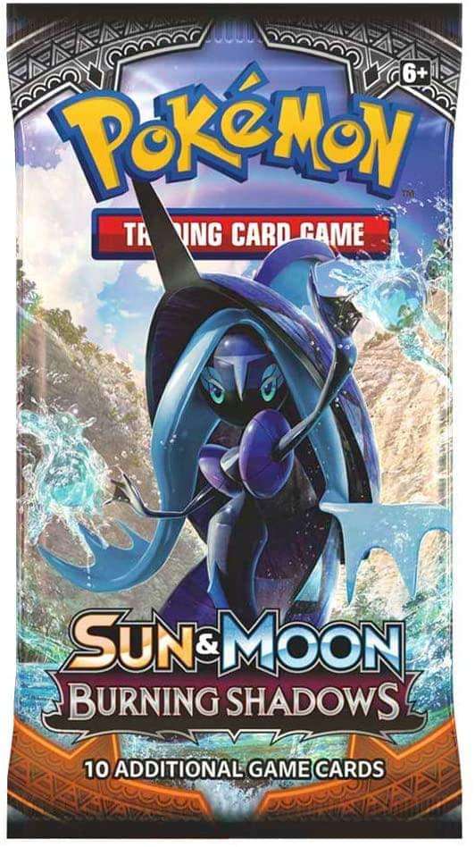 Pokémon Sun & Moon Burning Shadows booster pack with Tapu Fini art, 10 trading cards