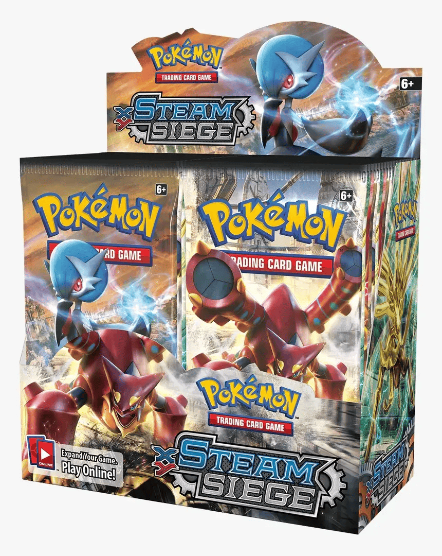 Pokémon Steam Siege booster box featuring trading card packs with vivid Pokémon artwork
