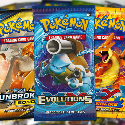 Assorted Pokémon trading card game booster packs featuring Blastoise, Charizard, and Lucario