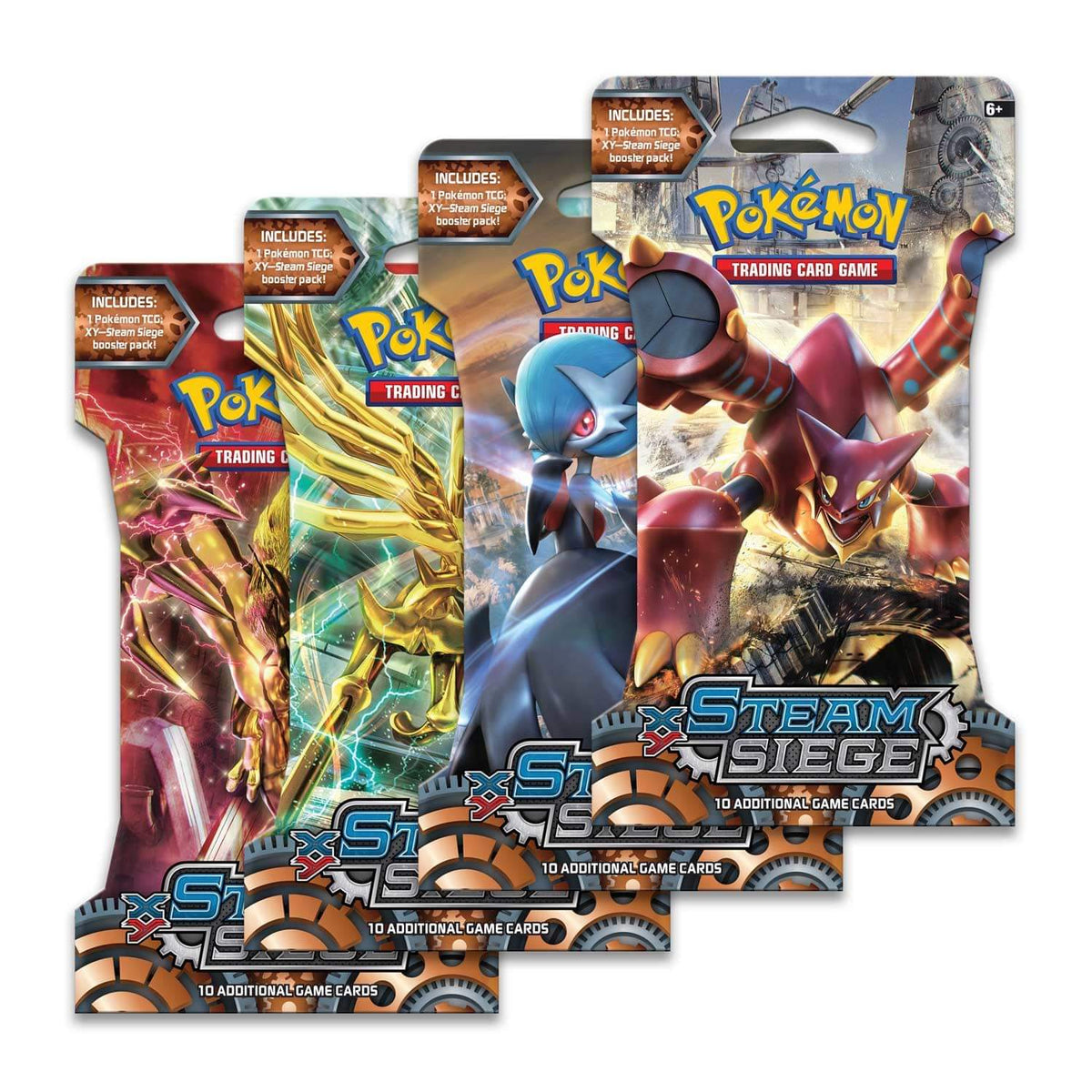 Pokémon TCG Steam Siege booster packs with colorful featured Pokémon artwork from PTC Collectibles