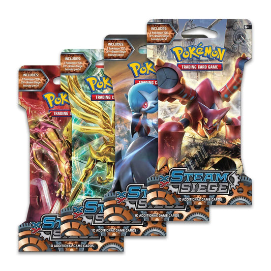 Pokémon TCG Steam Siege booster packs with colorful featured Pokémon artwork from PTC Collectibles