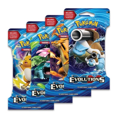 Pokémon TCG XY Evolutions booster packs featuring Blastoise, Charizard, Venusaur, and Pikachu