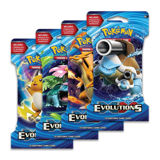 Pokémon TCG XY Evolutions booster packs featuring Blastoise, Charizard, Venusaur, and Pikachu