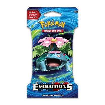 Pokémon TCG XY Evolutions booster pack featuring Venusaur on blue background, collectible cards