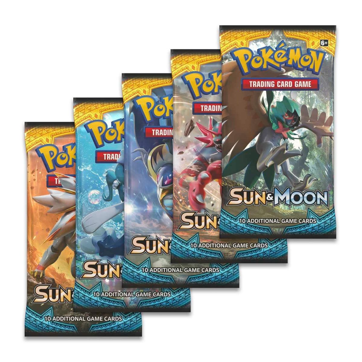 Pokemon Sun & Moon booster packs collectible trading cards, five packs overlapping