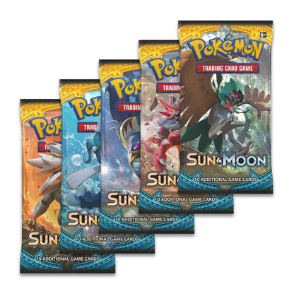 Pokemon Sun & Moon booster packs collectible trading cards, five packs overlapping