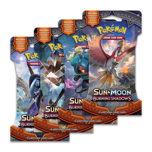 Pokémon Sun & Moon Burning Shadows booster packs, four assorted pack art, collectible cards