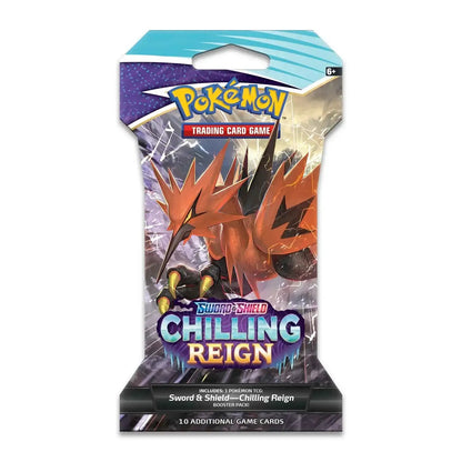 Pokémon TCG Sword & Shield Chilling Reign booster pack, featuring Zapdos artwork, collectible cards