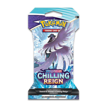 Pokémon Sword & Shield Chilling Reign booster pack with ice-themed art, collectible trading cards