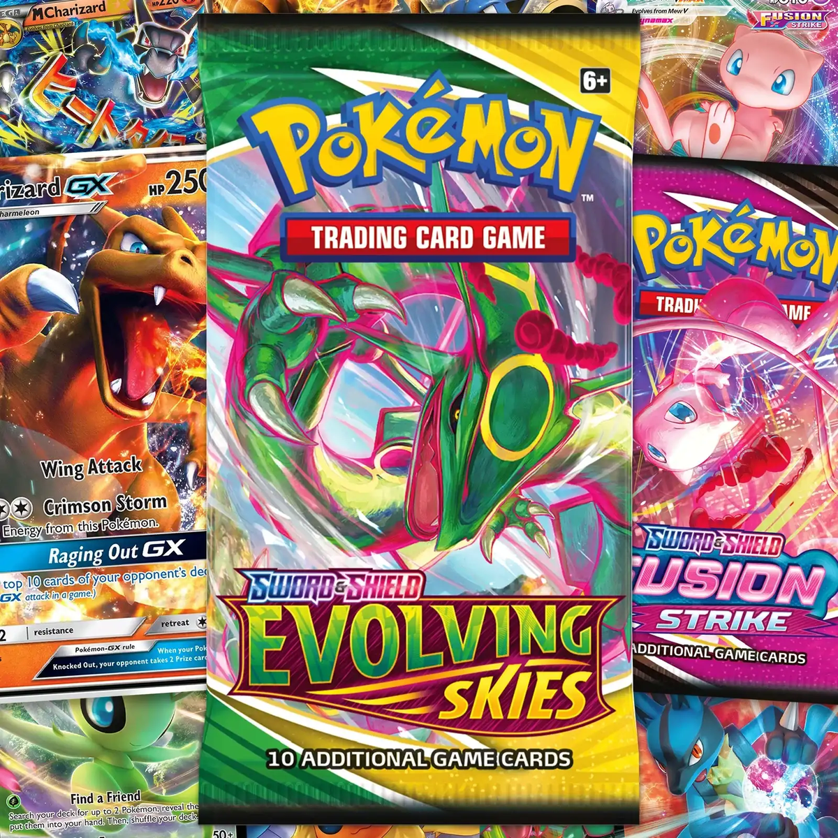 Pokémon TCG booster pack bundle featuring Evolving Skies and Fusion Strike card packs