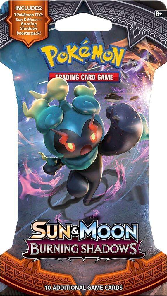 Pokémon Sun & Moon Burning Shadows booster pack with Marshadow artwork, collectible trading card game