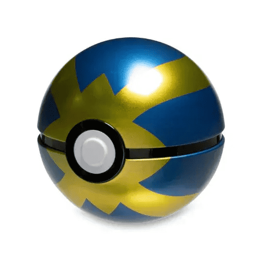 Pokemon Ultra Ball collectible toy with blue and yellow design on white background