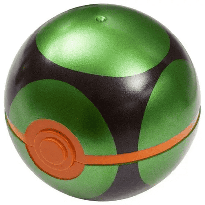 Luxury Ball collectible Pokémon item with green, black, and orange design on white background