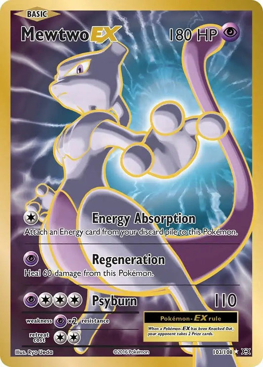 Mewtwo EX Pokémon card with gold border, high HP, and detailed artwork for collectors